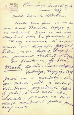 Scrisoarea a fost redactată de Titu Maiorescu; Scrisoare datată „Sâmbătă, 18/30 ianuarie 1897, București“, adresată de Titu Maiorescu lui Ion A. Rădulescu