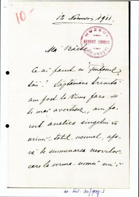 Scrisoare trimisă de Costache Enescu fiului său Enescu, George