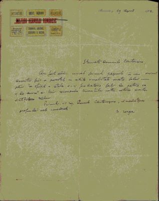 corespondență - Scrisoarea a fost redactată de Nicolae Iorga; Scrisoare datată „19 aprilie 1922, București“, adresată lui Nicolae Cantacuzino de Nicolae Iorga