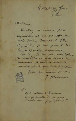 Scrisoarea a fost redactată de Titu Maiorescu; Scrisoare nedatată, cel mai probabil în anul 1885, (apar doar ziua și luna, „marți 5/17 februarie“), adresată de Titu Maiorescu unei doamne (probabil Paulina Ghionis)