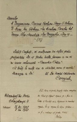 corespondență - Documentul a fost redactat de I. L. Caragiale.; Scrisoare a lui I.L. Caragiale adresată unui grup de literați români, Berlin, 26 decembrie 1907/ 8 ianuarie 1908