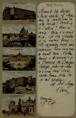 corespondență - Documentul a fost redactat de I.L. Caragiale.; Carte poștală expediată din Domerstag, Berlin de I.L. Caragiale lui Paul Zarifopol, cu un mesaj datat pentru 9 ianuarie 1908.