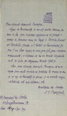 corespondență - Documentul a fost redactat de I. L. Caragiale.; Scrisoare a lui I. L. Caragiale adresată lui Ion Procopiu, datată Berlin, luni, 14/27 septembrie 1909.