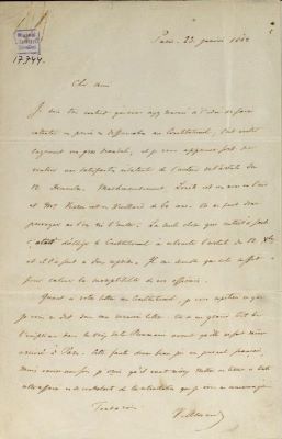 corespondență - Scrisoarea a fost redactată de Vasile Alecsandri.; Scrisoare datată „23 ianuarie 1862, Paris“, adresată de Vasile Alecsandri generalului Ioan Em. Florescu