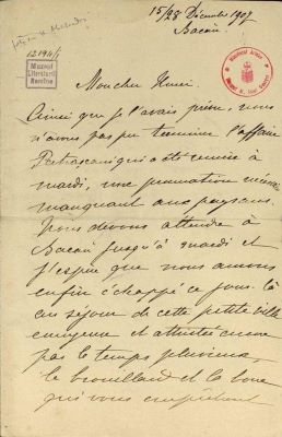 corespondență - Scrisoarea a fost redactată de Maria Bogdan, una din fiicele lui Vasile Alecsandri.; Scrisoare datată „15/28 decembrie 1907“, adresată de Maria Bogdan, una din fiicele lui Vasile Alecsandri, fiului său Henri.