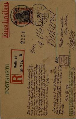 corespondență - Documentul a fost redactat de I.L. Caragiale.; Carte poștală expediată din Berlin de I.L. Caragiale lui Alexandru Vlahuță, cu un mesaj datat „17/30 decembrie 1909”