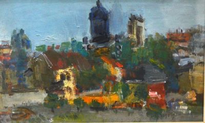 pictură de șevalet - Grigorescu, Lucian; Peisaj citadin cu biserică