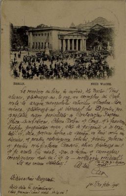 corespondență - Documentul a fost redactat de I.L. Caragiale.; Carte poștală expediată din Berlin de I.L. Caragiale lui Alceu Urechia, cu un mesaj datat „Joi 7/20 februarie 1908”