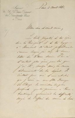 corespondență - Scrisoarea a fost redactată de Iancu Alecsandri.; Scrisoare datată „3 aprilie 1863, Paris“, adresată de Iancu Alecsandri lui Costache Negri.