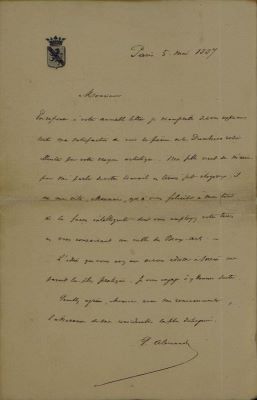 manuscris - Scrisoarea a fost redactată de Vasile Alecsandri.; Scrisoare datată „5 mai 1887, Paris“, adresată de Vasile Alecsandri lui Eugen Ghica-Budești.