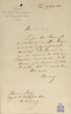 corespondență - Scrisoarea a fost redactată de Iancu Alecsandri.; Scrisoare datată „29 august 1862, Paris“, adresată de Iancu Alecsandri lui Costache Negri.