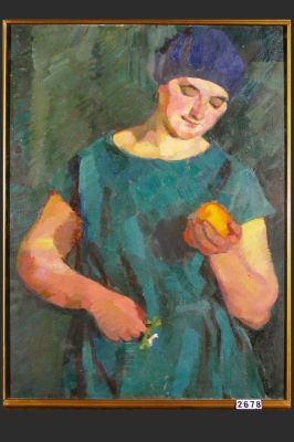 pictură de șevalet - Depner, Margarete; Femeie în verde cu portocală