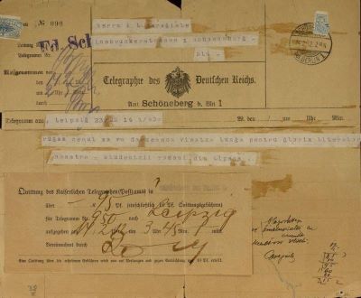 corespondență - Documentul a fost redactat în cadrul Oficiului Poștal din Schöneberg, Berlin, preluând un mesaj al studenților români din Leipzig.; Telegramă a studenților români din Leipzig adresată lui I.L. Caragiale, datată 14 februarie 1912.