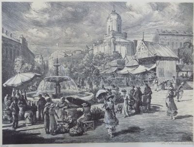 gravură - Poitevin-Skeleti, Alexandru; Piața de flori din ciclul „București pitoresc”