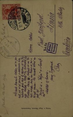 corespondență - Documentul a fost redactat de I.L. Caragiale.; Carte poștală adresată, din Berlin (Schöneberg), de I.L. Caragiale lui Paul Zarifopol, aflat la Sinaia