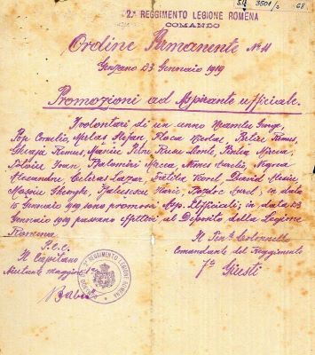 ordin permanent; Ordinul permanent nr. 1 al Comandei Regimentului nr. 2 din cadrul Legiunii Române din Italia