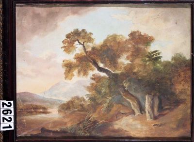 pictură de șevalet - Glatz, Theodor; Peisaj deluros cu pomi și râu