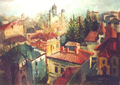 pictură de șevalet - Dem-Bălăcescu, Lucia; Peisaj bucureștean (Vedere spre Biserica Domnița Bălașa)