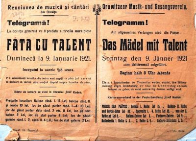 Tipografia Josef Kehrer; Anunț privind reluarea piesei de teatru „Fata cu talent”