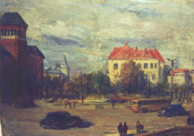 pictură de șevalet - Păuleț, Constantin; Calea Victoriei (Piața Victoriei, vedere spre Muzeul Lenin-Stalin și Institutul Geologic al României)