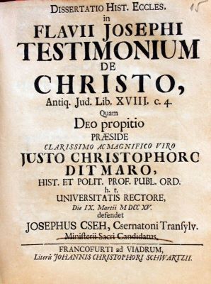 carte veche - Christophoro Ditmaro (Defens. Josephus Cseh); Dissertatio Hist. Eccles. In Flavii Josephi Testimonium de Christo