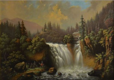 pictură de șevalet - Popp, Mișu; Peisaj cu pădure de brad și cascadă
