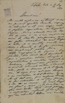 corespondență - Documentul a fost redactat de Iacob Negruzzi.; Scrisoare adresată de către Iacob Negruzzi lui Ilarion Pușcariu, Trifeștii Vechi (Iași), 11/ 23 august 1874.