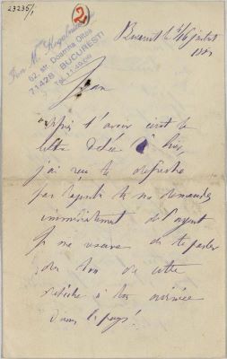 manuscris - Mihail Kogălniceanu - autor; Scrisoare trimisă de Mihail Kogălniceanu fiului său, Ion, pe 4/16 iulie 1881, din București