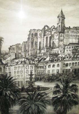 desen - Cuțescu-Storck, Cecilia; Piața Rossio cu vedere asupra catedralei în ruine, Lisabona