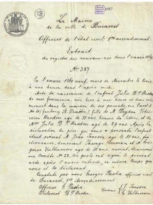 manuscris - Actul a fost redactat în cadrul Primăriei București. Starea Civilă a sectorului 1; Extras după actul de naștere al Iuliei Hașdeu din registrul de nou-născuți al orașului București pe anul 1869