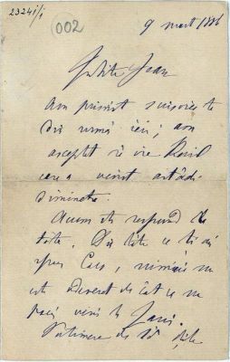 manuscris - Mihail Kogălniceanu - autor; Scrisoare trimisă de Mihail Kogălniceanu fiului său, Ion, pe 23 martie 1882, din București