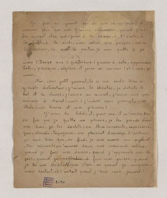 Iulia Hașdeu - autor; O filă de manuscris, a Iuliei Hașdeu, intitulată „Journal d’une ecolière“, scrisă în octombrie 1881, înainte de a implini vârsta de 12 ani.