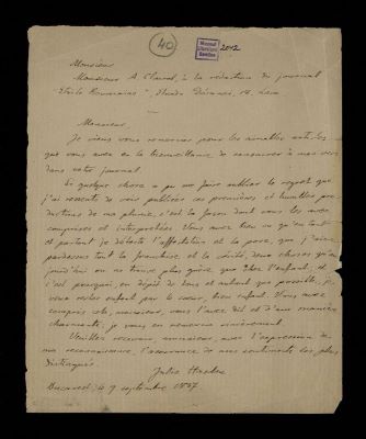 manuscris - Scrisoarea-document a fost redactată de Iulia Hașdeu; Scrisoare-document adresată de Iulia Hașdeu lui August Clavel, redactorul ziarului „Steaua Română”, 9 septembrie 1887, București