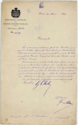 manuscris - Documentul a fost redactat în cadrul Ministerului Cultelor și Instrucțiunii Publice; Adresă semnată de Gheorghe Chițu, Ministrul Cultelor și Instrucțiunii Publice, prin care lui B. P. Hașdeu i se comunică numirea ca director al Arhivelor Statului (18 mai 1876)