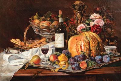 pictură de șevalet - Aman, Theodor; Natură statică cu fructe și sticlă de vin