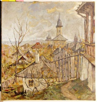 pictură de șevalet - Padina, Alexandru Moser; Peisaj urban cu biserică (Mănăstire)