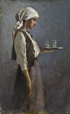 pictură de șevalet - Vermont, Nicolae; Femeie tânără cu tavă