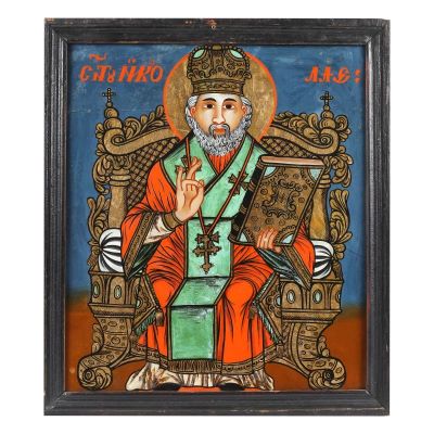 icoană pe glajă - Ioan Pop Zugrav din Făgăraș; Sfântul Ierarh Nicolae pe tron