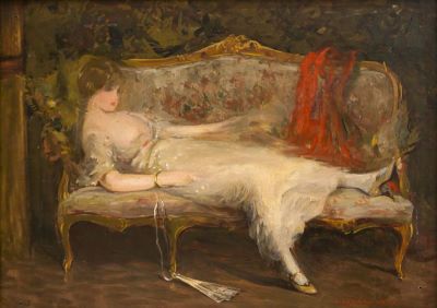 pictură de șevalet - Lăzărescu, Emilian; Femeie culcată pe canapea