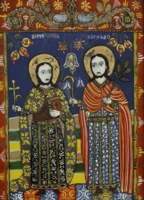 icoană pe sticlă; Sfântul Bartolomeu și Barnabas (Vârnav)