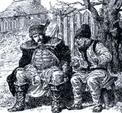 grafică de carte - Murnu, Ary; Tudor și moș Mitru, ilustrație la volumul „Neamul Șoimăreștilor” de Mihail Sadoveanu