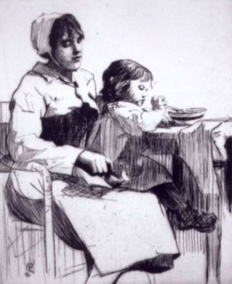 gravură - Lee-Henkley, William; Femeie cu copil la masă