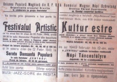 Afiș al festivalului artistic organizat de Uniunea Populară Maghiară și Organizația orașului Oravița
