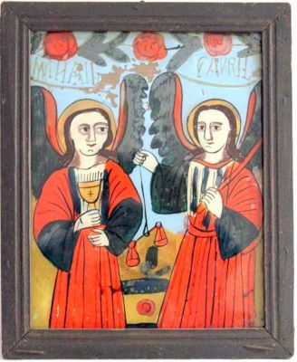 icoană pe sticlă - anonim; Arhanghelii Mihail și Gavril
