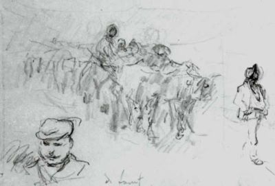 desen - Grigorescu, Nicolae; Car cu boi, cap de bărbat și personaj