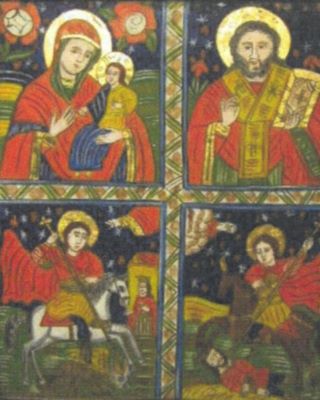 icoană pe sticlă; Maria, Sfântul Nicolae, Sfântul Gheorghe, Sfântul Dimitrie