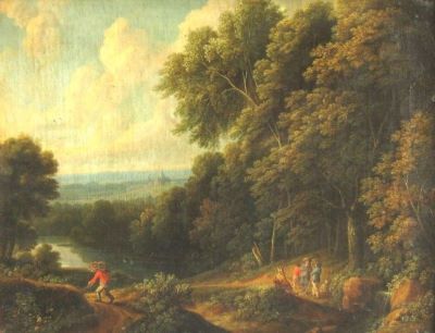 pictură - d'Arthois, Jacques; Peisaj cu copaci și cascadă mică