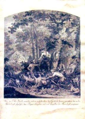 gravură - Ridinger, Johann; Tăierea cerbului vânat
