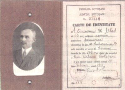 carnet de identitate care a aparținut lui Vlad Gh. Onicescu, tatăl matematicianului Octav Onicescu