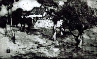 gravură - Lee-Henkley, William; Peisaj cu casă (Back of the village)